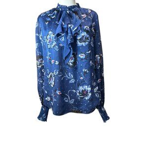 White House Black Market Blue Floral Blouse | Size 14 | Ruffle Neck | 26" Length